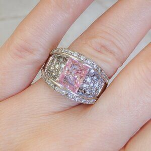 Sterling Silver Lab Pink Sapphire and CZ Cocktail Ring – Size 7